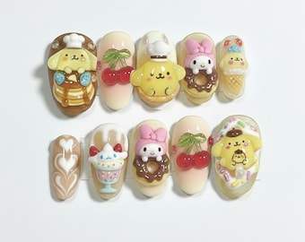 Handmade 3D Kawaii Pudding Press On Nails, Pastel Dessert Nail Art