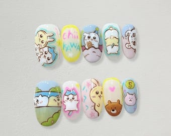 Kawaii Cartoon Press On Nails, Handmade Mix & Match Animal Nail Art