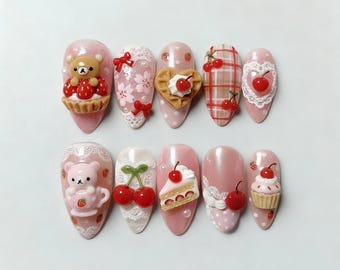 Kawaii Bear Dessert Press On Nails: Handmade Cherry Cake Nail Art.