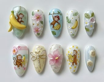 Handmade 3D Monkey Banana Press On Nails, Kawaii Pastel Floral Art