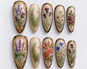 Hand Painted Wildflower Press On Nails, Vintage Botanical Floral Nails, Gold Frame Almond Nails, Cottagecore Garden Set