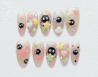 Handmade 3D Soot Sprite Press On Nails, Pastel Star Nail Art
