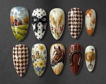 Handmade Horse Press On Nails, 3D Bow, Farmhouse Country Style