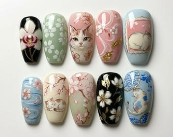 Cat and Flower Press On Nails, Hand Painted Orchid and Cherry Blossom Nail Art