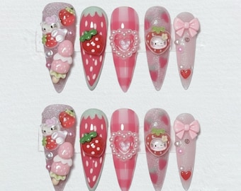 Handmade 3D Strawberry Kitty Press On Nails, Pink Kawaii Dessert Nail Art