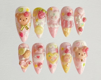 Handmade 3D Kawaii Bear Press On Nails | Strawberry Dessert Nail Art Set
