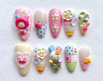 My Melody Press On Nails: 3D Bunny Floral Kawaii Nail Tips