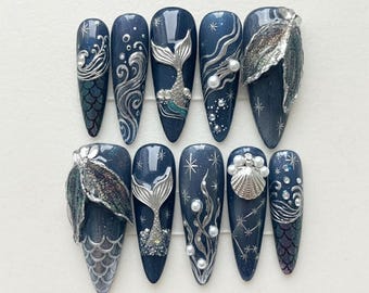 Mermaid Press On Nails, Ocean Tail & Shell Nail Art, Blue Sea Fantasy Almond Nails