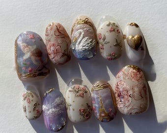 Handmade 3D Romantic Paris Press On Nails, Classic Oil Painting Set