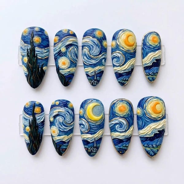 Handmade Starry Night Press On Nails | Van Gogh Inspired Swirls, Stars & Moon | Almond Nails in Blue Gold Tones for Artistic Night Sky Style