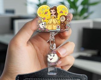 Beauty and the Beast Badge Reel, Belle and Beast ID Holder, Cute Disney Princess Nurse Badge Clip, Fairytale Book Lovers Badge Reel C1NV05