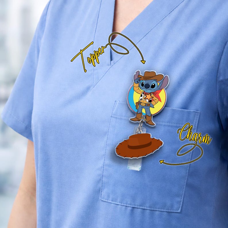 May include: A blue cartoon character in a cowboy outfit, with a brown hat charm. The character is on a badge reel topper. The word "Topper" is written above the character, and the word "Charm" is written below the hat.