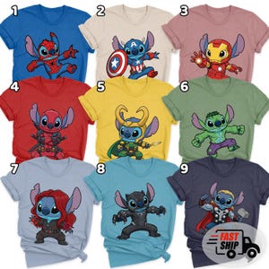 Chemise drôle Disney Stitch groupe Marvel, t-shirt Spider Man Hulk Thor, chemise émotion Lilo & Stitch, vacances en famille Disneyland 2026 NHNR04 image 2