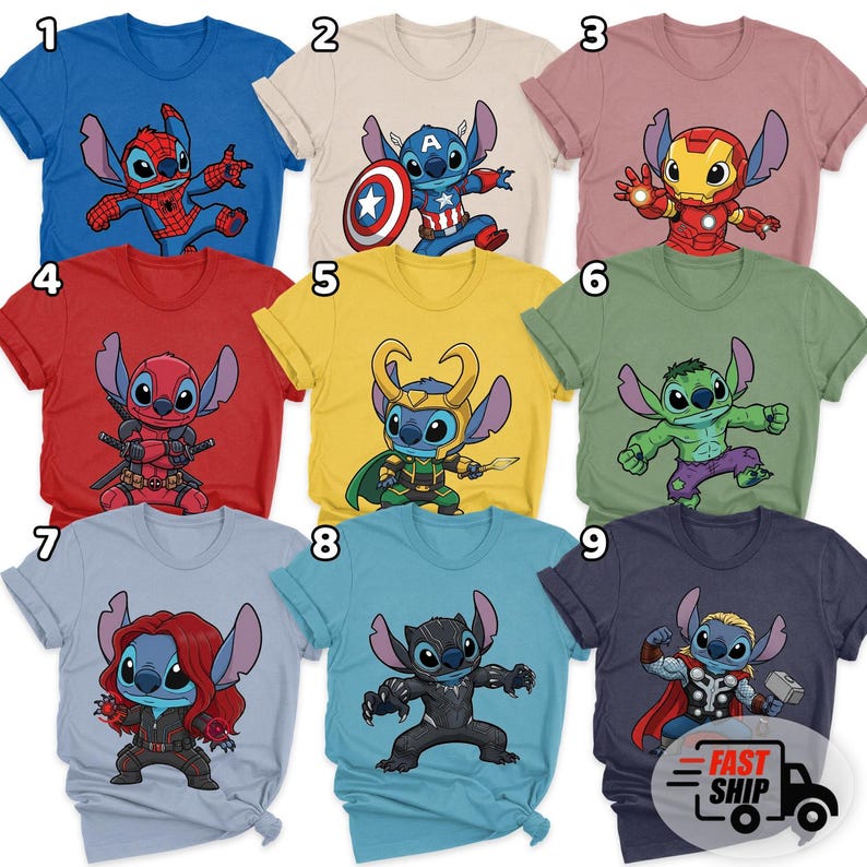 Chemise drôle Disney Stitch groupe Marvel, t-shirt Spider Man Hulk Thor, chemise émotion Lilo & Stitch, vacances en famille Disneyland 2026 NHNR04 image 2