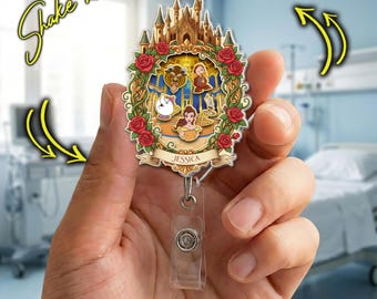 Beauty and the Beast Shaker Badge Reel, Belle and Beast ID Holder, Cute Disney Princess Badge Clip, Fairytale Book Lovers Badge Reel G6GN18