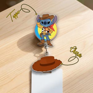 May include: A badge reel featuring a cartoon character dressed as a cowboy. The topper shows the character in a cowboy hat, vest, and boots. A brown cowboy hat charm is attached below. The word "Topper" and "Charm" are written on the image.