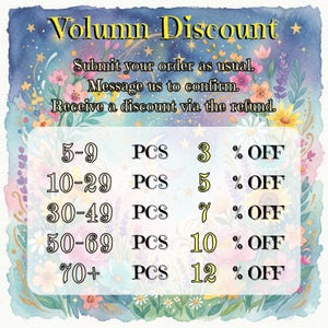 May include: A watercolour graphic advertising volume discounts, featuring floral and starry decorations. The text details discounts ranging from 3% to 12% based on the quantity of items purchased. The image includes the text "Volumn Discount".