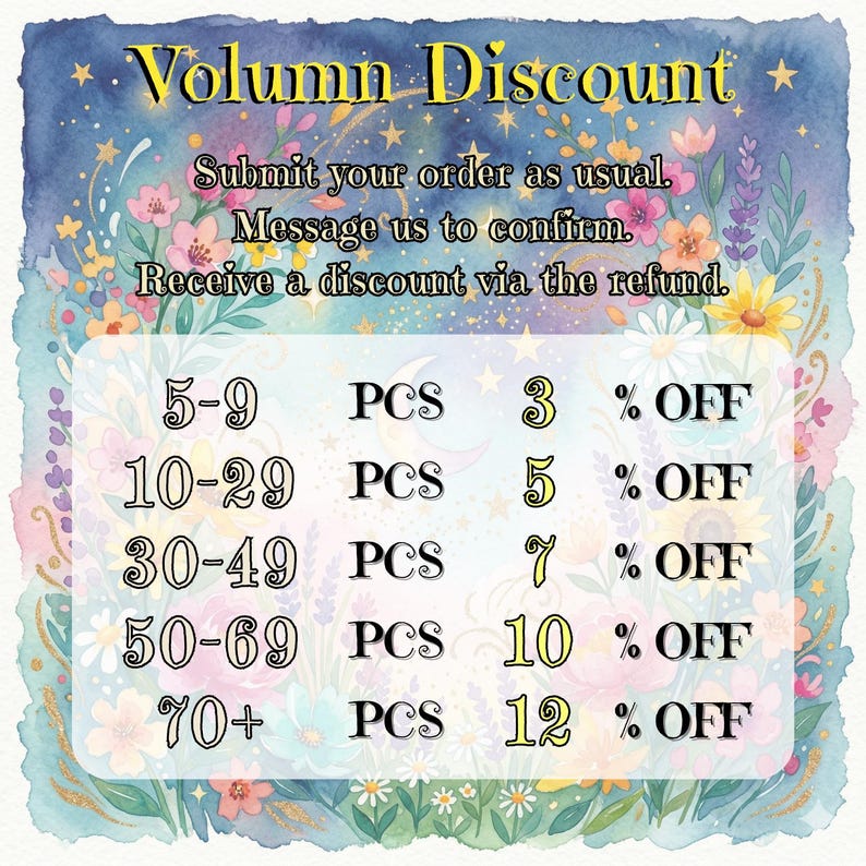 May include: A watercolour graphic advertising volume discounts, featuring floral and starry decorations. The text details discounts ranging from 3% to 12% based on the quantity of items purchased. The image includes the text "Volumn Discount".