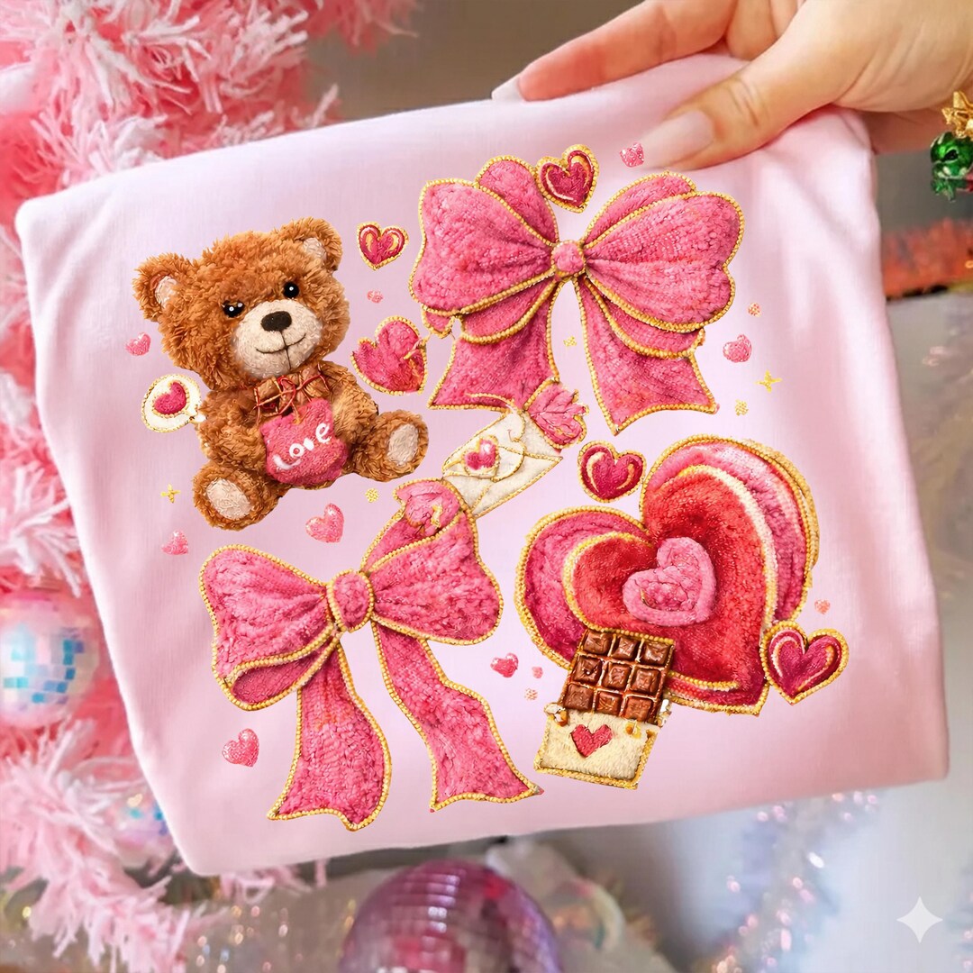 Valentine Teddy Bear Faux Embroidery PNG, Fluffy Bow Heart Chocolate ...