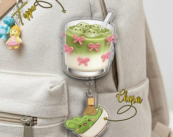 Coquette Matcha Latte Badge Reel 2026: Cute Pink Bow Cafe Drink Retractable ID Holder JDMX18-1