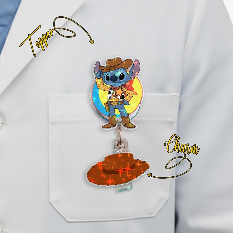 May include: A badge reel with a cartoon image of Stitch dressed as Woody from Toy Story. The badge reel has a brown cowboy hat charm and a clear plastic reel. The image is on a white lab coat.