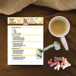 Può includere: Un elenco di controllo per l'addestramento dei cuccioli con un'illustrazione di corgi, una tazza di caffè, dolcetti per cani e un giocattolo di corda. L'elenco include obbedienza di base, addestramento alla casa, abilità sociali e toelettatura.