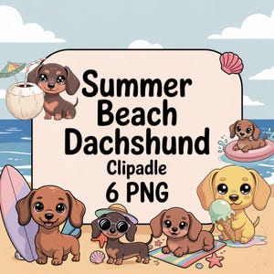 Pode incluir: Ilustração digital com cachorros-salsicha de desenho animado desfrutando de um tema de praia de verão. A imagem inclui cachorros-salsicha com óculos de sol, pranchas de surf e sorvetes. O texto diz "Summer Beach Dachshund Clipadle 6 PNG."