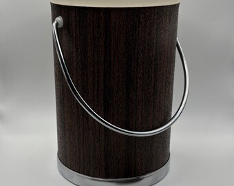 Vintage Kromex Ice Bucket with Tongs, Mid Century Modern Barware, Faux Wood Grain and Chrome Ice Server, 1960s Retro Bar Cart Accessories