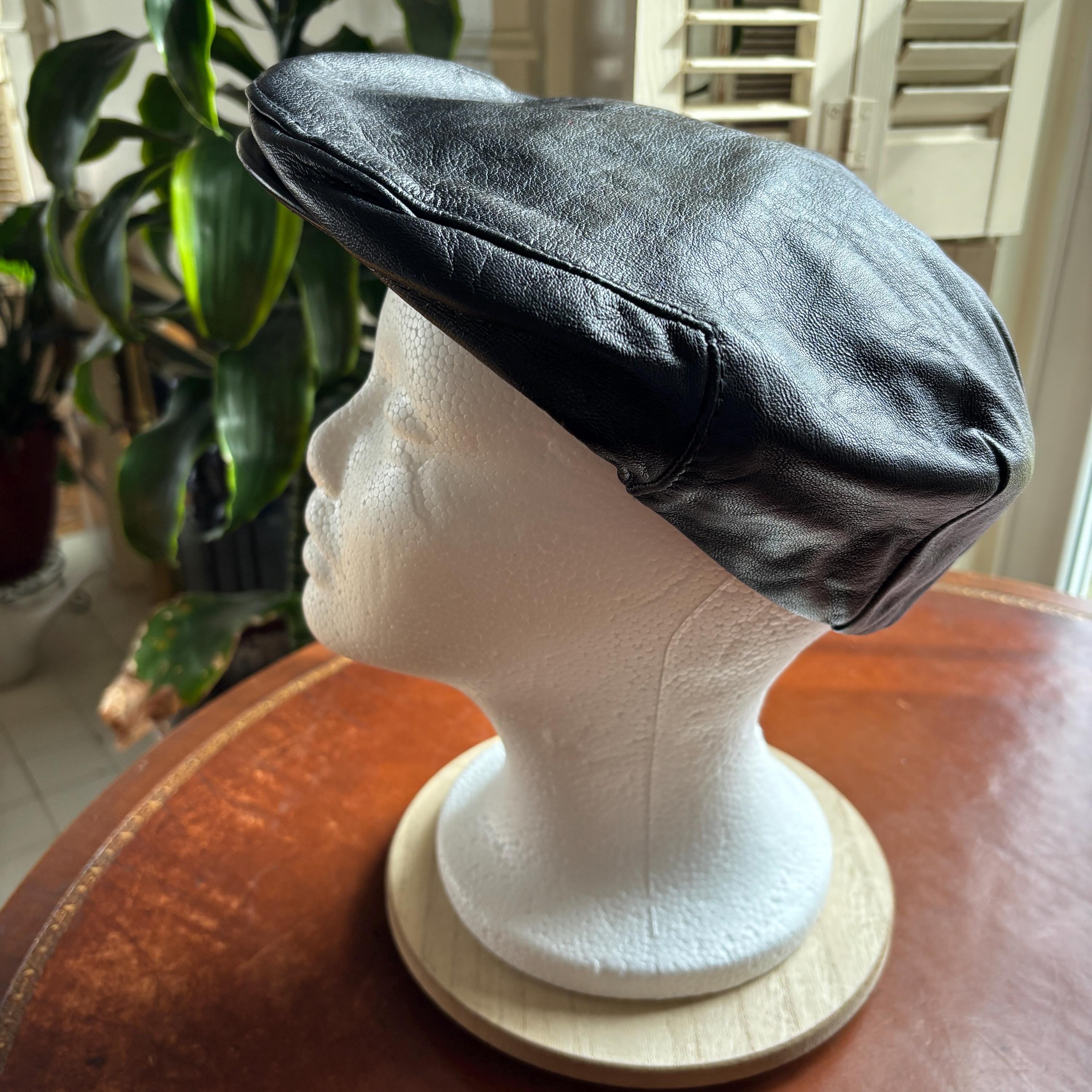 Vintage Black Leather Newsboy Cap - Henschel Made in USA Large Ivy Hat