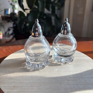 May include: Two clear glass salt and pepper shakers with silver-colored tops and a decorative base. The shakers are displayed on a light-colored wooden surface, with a blurred green plant in the background.
