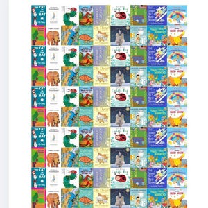 Peut inclure: Une collection de livres pour enfants aux couvertures colorées. Les titres incluent "The Cat in the Hat", "Oh Dear!", "Cuddle Bug" et "The Going-to-Bed Book". Les livres sont disposés en grille, présentant diverses illustrations et designs.