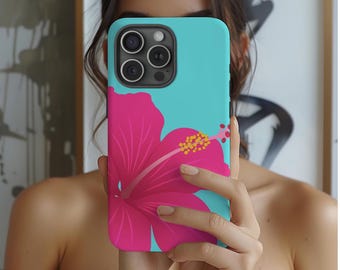 Telefoonhoesje met Hawaiiaanse bloemen: tropische hibiscus, zomerse sfeer, telefoonhoesje levendige bloemen, Island Vibes, telefoonhoesje Hawaiiaanse hibiscus, blauwgroen