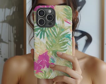 May include: A smartphone case featuring a watercolor design of tropical leaves and flowers in shades of green, yellow, and pink. The case has a glossy finish and a camera cutout.