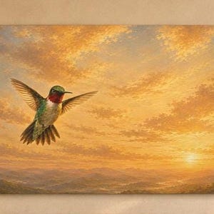 Hummingbird Wall Art | Ruby Throated Bird Canvas | Soft Realism Nature Decor | Luxury Wildlife Artwork | Peaceful Living Room Gift