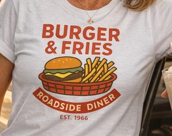 Camiseta estilo diner vintage con hamburguesas y papas fritas / Camiseta retro americana de carretera / Camiseta unisex clásica estilo años 60 para viajes por carretera / Regalo para amantes de la comida rápida