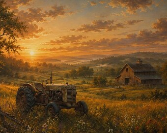 Cuadro de pared con tractor antiguo / Decoración rústica de granja / Lienzo con paisaje campestre / Obra de arte con amanecer en un granero / Regalo para el hogar de un rancho
