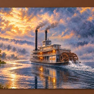 May include: A rectangular wall art print depicting a paddle steamer boat navigating a river at sunset. The scene features a multi-level vessel with two smokestacks, surrounded by misty forests and a vibrant, cloud-filled sky reflecting on the water.
