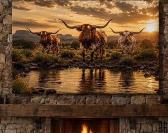 Texas Longhorn Canvas Wall Art | Western Ranch Decor | Luxury Lodge Artwork | Rustic Farmhouse Wall Decor | Southwestern Landscape Print