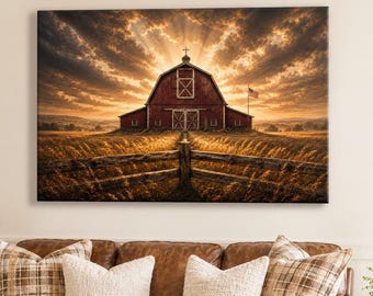 Cuadro decorativo de granero rojo patriótico / Decoración de estilo rústico americano / Impresión de paisaje campestre / Gran pieza decorativa / Regalo para casa de campo