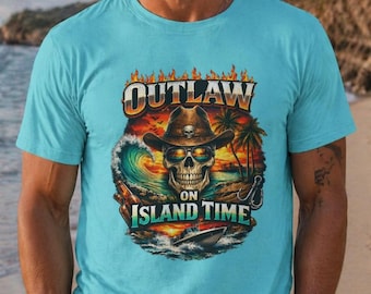 Camiseta de vaquero costero / Camiseta Outlaw Island Time / Gráfico de calavera del oeste / Camiseta de vacaciones en la playa / Regalo de vaquero tropical