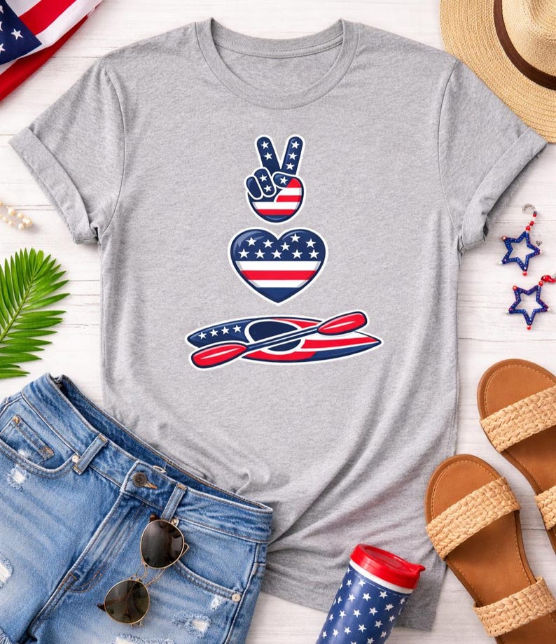 Woman styled outfit featuring kayaking shirt creek floating design on athletic heather Bella Canvas 3001 t shirt with denim shorts sandals and summer accessories flat lay