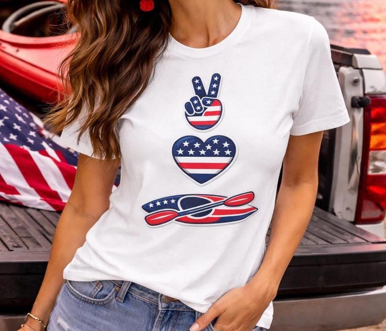 Woman wearing kayaking shirt creek floating design white patriotic summer t shirt by lake with fireworks and truck outdoor lifestyle outfit