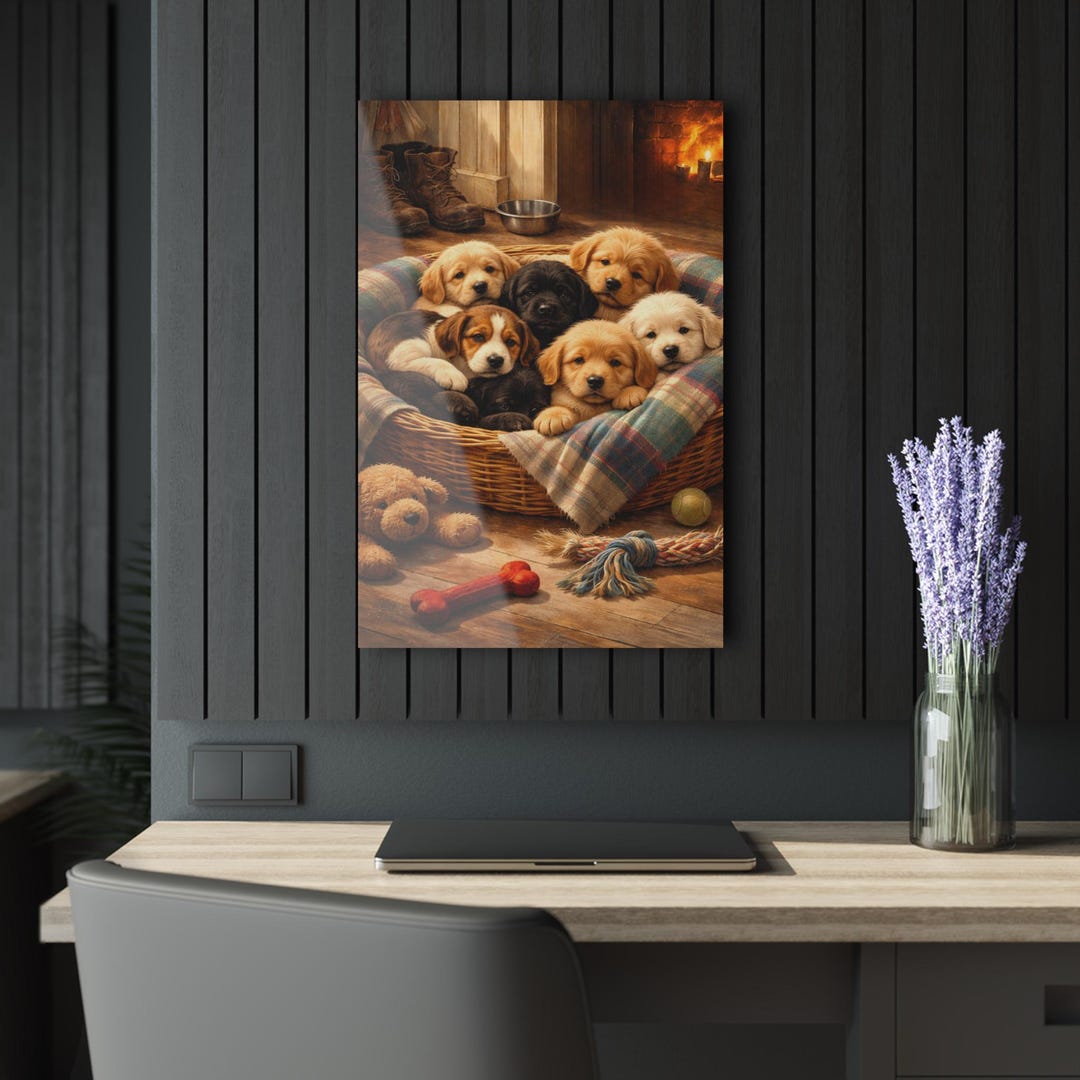 Cozy Puppy Wall Art | 20"x30" Acrylic Dog Print | Farmhouse Puppy Decor ...