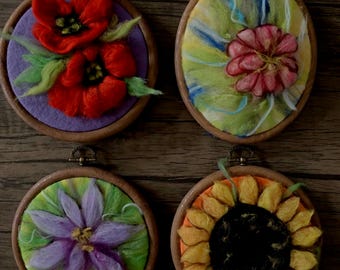 Needle Felted Floral Wall Art Set – Handmade Wool Flower Embroidery Hoops, Botanical Fiber Art Decor, Unique Gift for Nature Lovers
