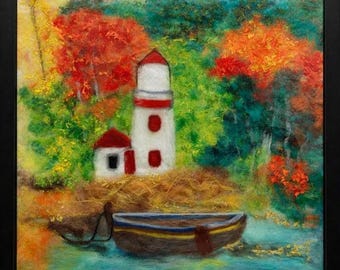 Autumn Lighthouse Wool Painting, Felted Landscape Art,Fiber Artwork, Lake Scene, Home Decor Framed