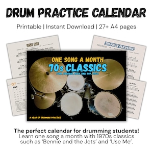 Wandkalender jaren 70 muziekoefening | Afdrukbare drumplanner voor muzikanten | Getranscribeerde groeven, rudimenten | Drumoefeningen voor drumstel