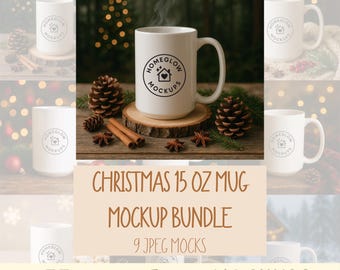 May include: A white 15 oz mug with the Homeglow Mockups logo, surrounded by pine cones, cinnamon sticks, and star anise. The mug is on a wooden slice, with a blurred Christmas tree in the background. The text "Christmas 15 oz Mug Mockup Bundle" is also visible.