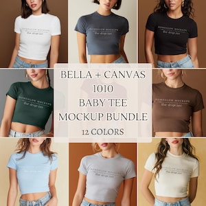 Könnte beinhalten: Ein Mockup-Bundle von Bella + Canvas 1010 Baby-T-Shirts in verschiedenen Farben, darunter Weiß, Blau, Schwarz und Braun. Jedes T-Shirt zeigt den Text "HOMEGLOW MOCKUPS Your design here". Das Bild zeigt eine Vielzahl von Farben, die im Bundle verfügbar sind.