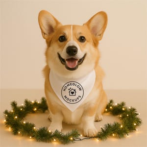 May include: A smiling corgi dog wearing a white bandana with a circular logo that reads "Homeglow Mockups". The dog is surrounded by a ring of green garland with small, warm white lights.