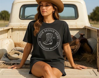 Black Comfort Colors 1717 Cowgirl Aesthetic Oversized T-shirt Mockup JPEG